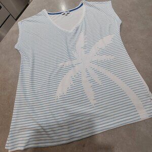 mySTYLE Women's Blue/White Stripe w/Palm Tree Print Cap Sleeves Top  - Large